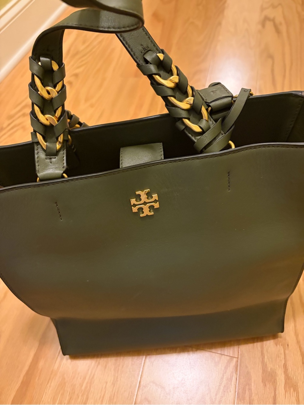 Tory Burch Olive Leather and suede Tote with Braided Gold-Accented Handles